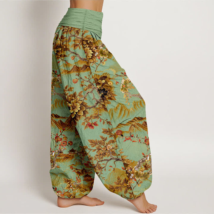 Buddha Stones Cotton Vintage DarkGoldenrod Floral Landscape Pattern Women's Elastic Waist Harem Pants - image 2
