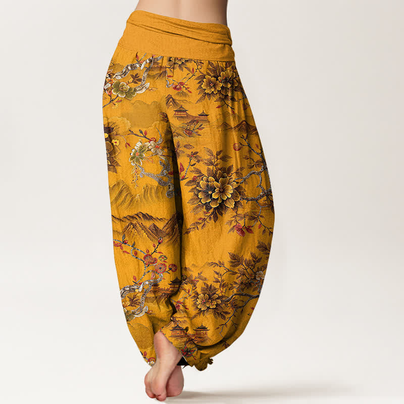 Buddha Stones Cotton Vintage DarkGoldenrod Floral Landscape Pattern Women's Elastic Waist Harem Pants - image 6