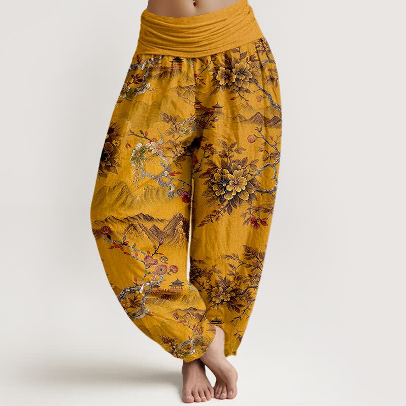 Buddha Stones Cotton Vintage DarkGoldenrod Floral Landscape Pattern Women's Elastic Waist Harem Pants - Goldenrod - US16，UK/AU20，EU48 (3XL) - image 5