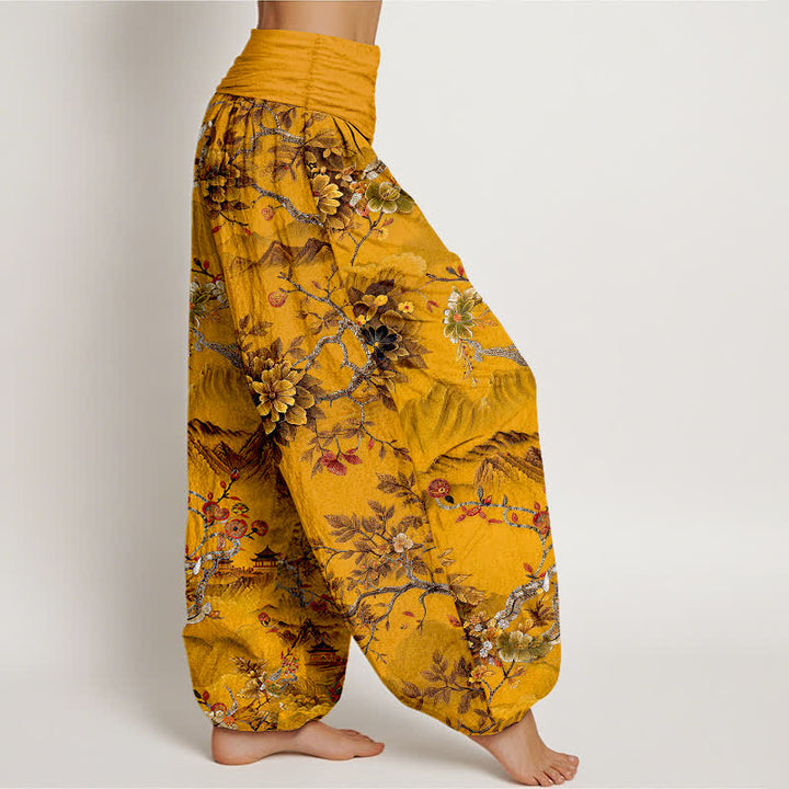 Buddha Stones Cotton Vintage DarkGoldenrod Floral Landscape Pattern Women's Elastic Waist Harem Pants - image 7