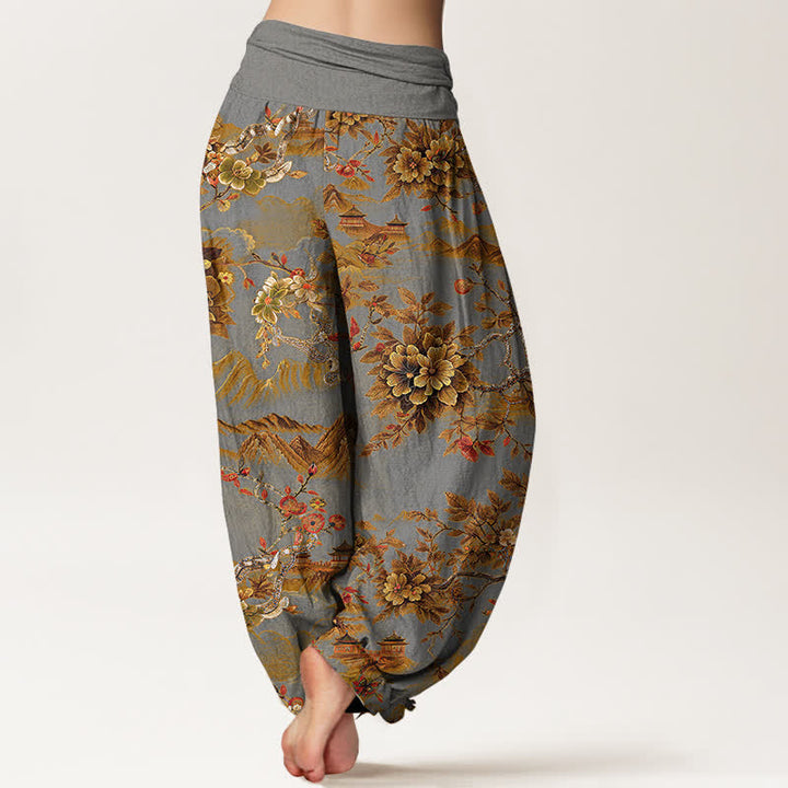 Buddha Stones Cotton Vintage DarkGoldenrod Floral Landscape Pattern Women's Elastic Waist Harem Pants - image 9