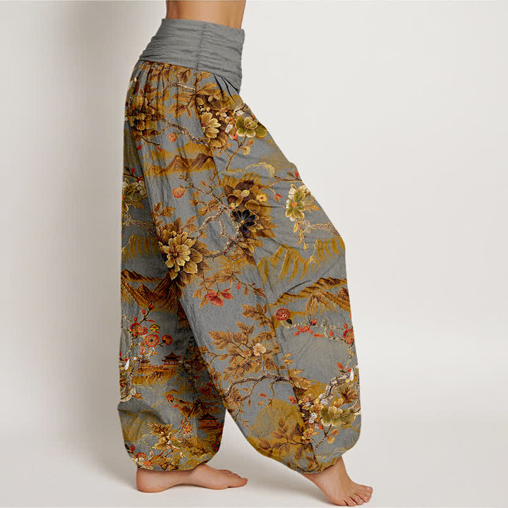 Buddha Stones Cotton Vintage DarkGoldenrod Floral Landscape Pattern Women's Elastic Waist Harem Pants - image 10