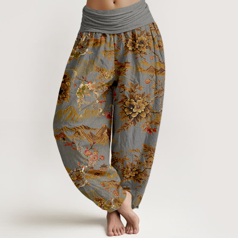 Buddha Stones Cotton Vintage DarkGoldenrod Floral Landscape Pattern Women's Elastic Waist Harem Pants - Gray - US16，UK/AU20，EU48 (3XL) - image 8