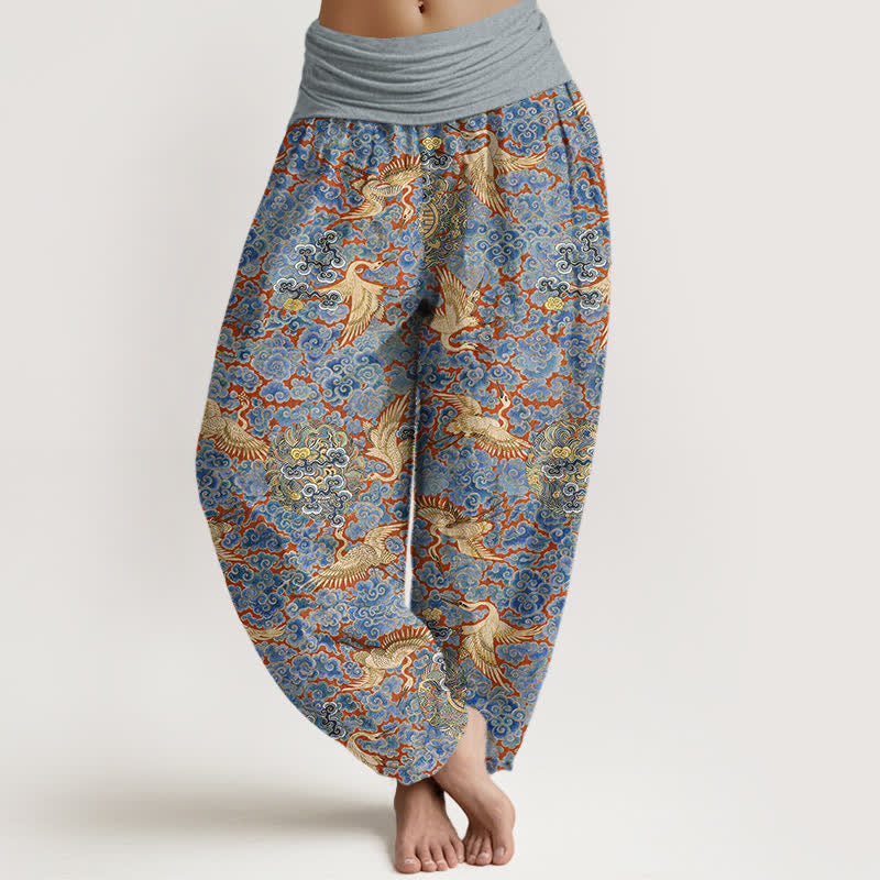 Buddha Stones Cotton Crane Auspicious Cloud Floral Pattern Women's Elastic Waist Harem Pants - SkyBlue - US16，UK/AU20，EU48 (3XL) - image 0