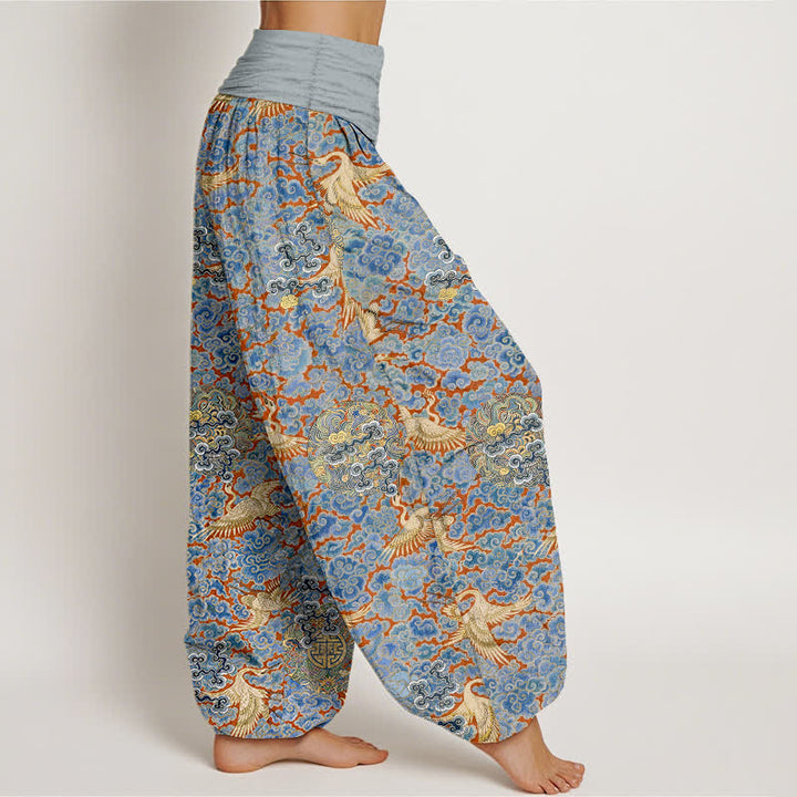 Buddha Stones Cotton Crane Auspicious Cloud Floral Pattern Women's Elastic Waist Harem Pants - image 2