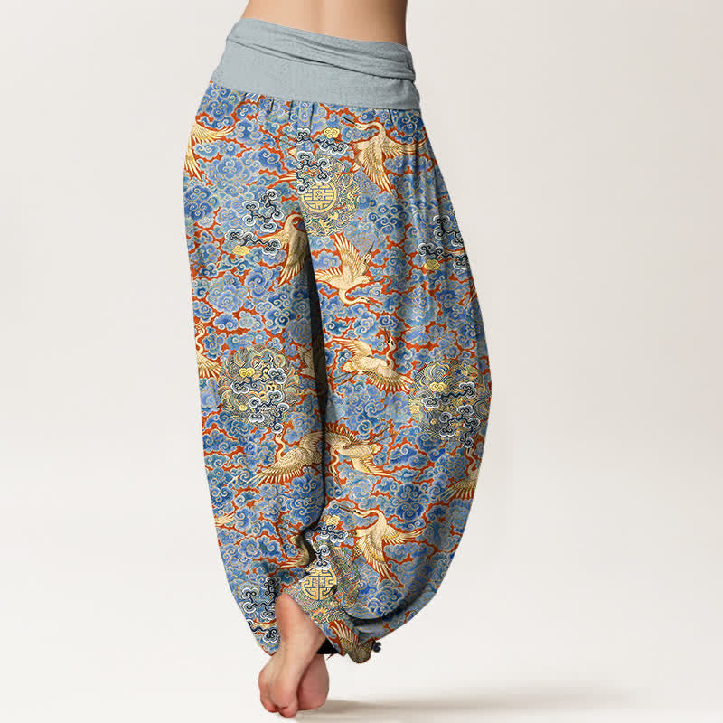 Buddha Stones Cotton Crane Auspicious Cloud Floral Pattern Women's Elastic Waist Harem Pants - image 1