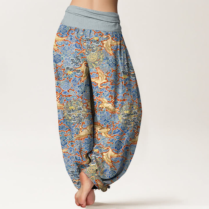 Buddha Stones Cotton Crane Auspicious Cloud Floral Pattern Women's Elastic Waist Harem Pants - image 1