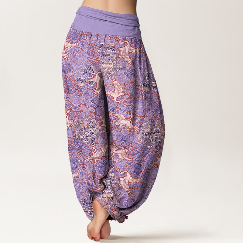 Buddha Stones Cotton Crane Auspicious Cloud Floral Pattern Women's Elastic Waist Harem Pants - image 6
