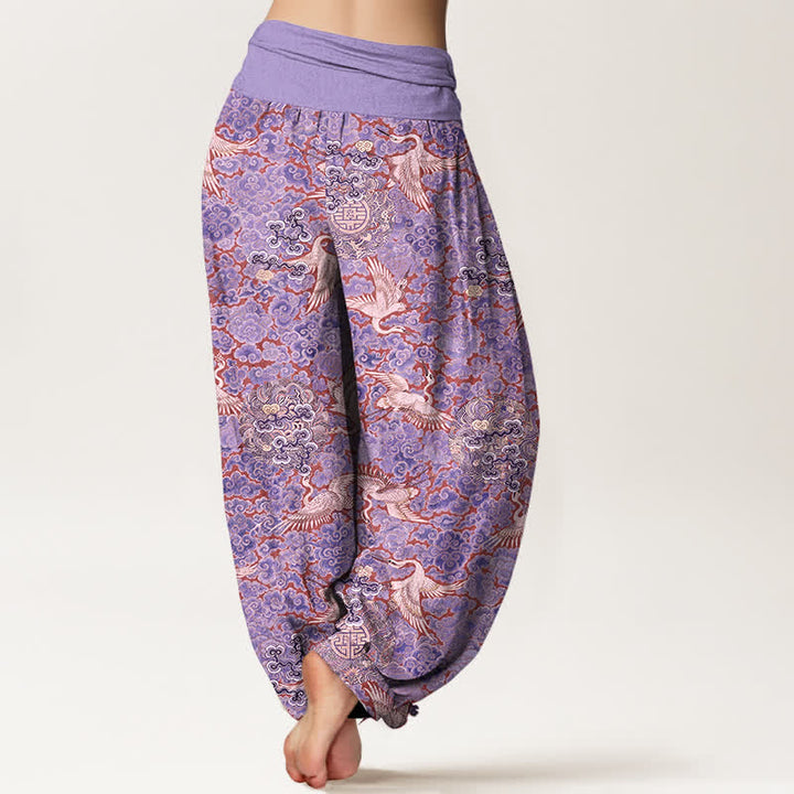 Buddha Stones Cotton Crane Auspicious Cloud Floral Pattern Women's Elastic Waist Harem Pants - image 6