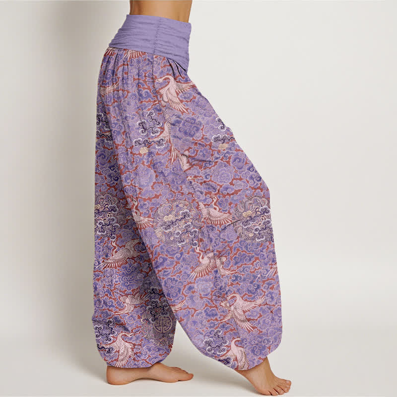 Buddha Stones Cotton Crane Auspicious Cloud Floral Pattern Women's Elastic Waist Harem Pants - image 7