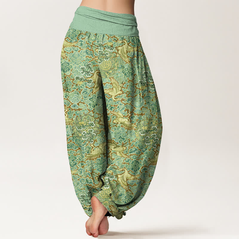 Buddha Stones Cotton Crane Auspicious Cloud Floral Pattern Women's Elastic Waist Harem Pants - image 9
