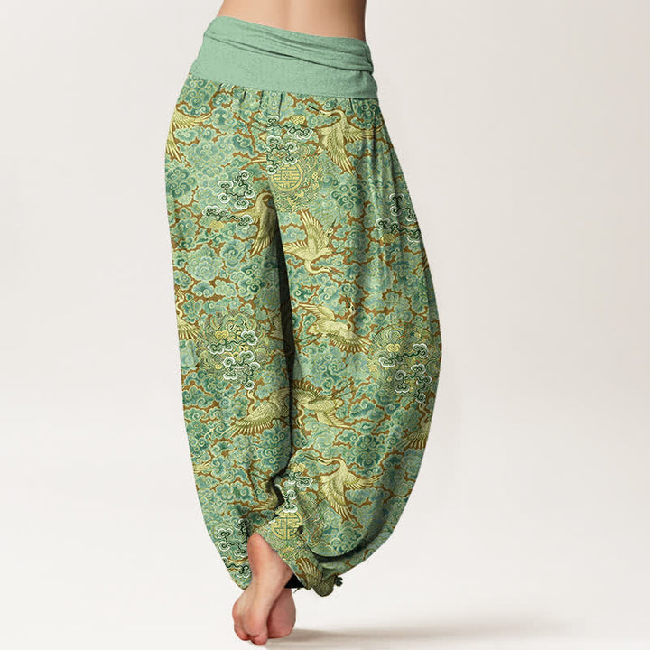 Buddha Stones Cotton Crane Auspicious Cloud Floral Pattern Women's Elastic Waist Harem Pants - image 9