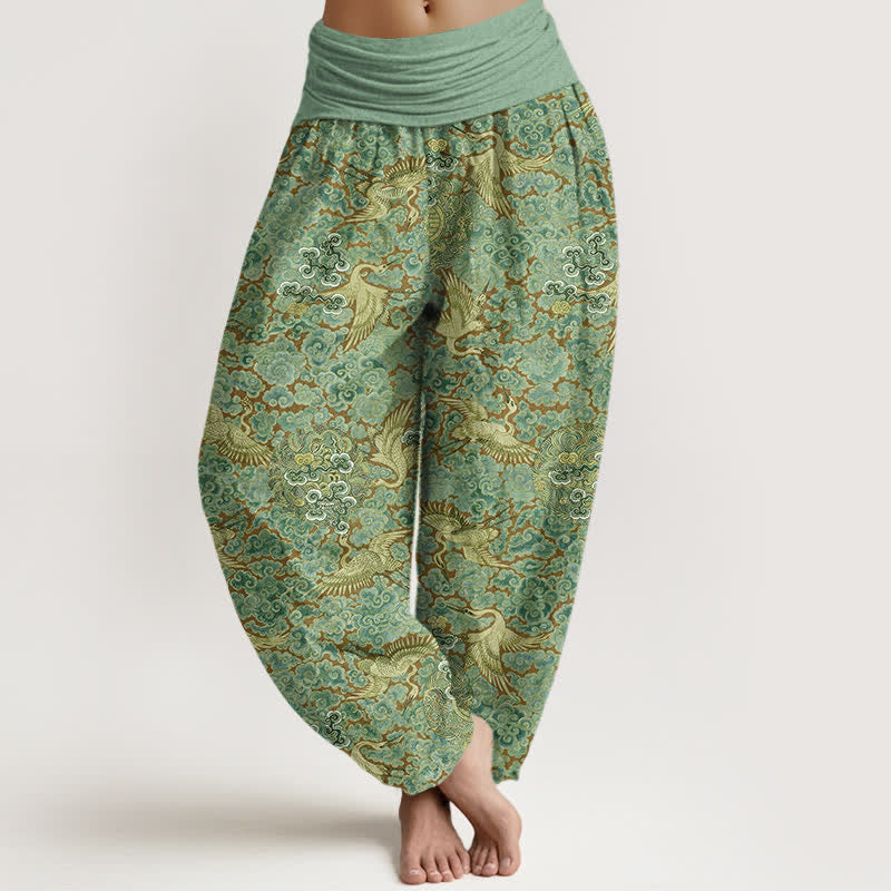 Buddha Stones Cotton Crane Auspicious Cloud Floral Pattern Women's Elastic Waist Harem Pants - LightGreen - US16，UK/AU20，EU48 (3XL) - image 8
