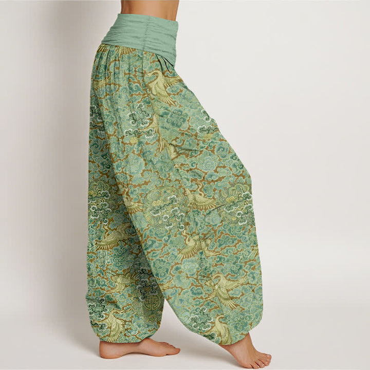 Buddha Stones Cotton Crane Auspicious Cloud Floral Pattern Women's Elastic Waist Harem Pants - image 10