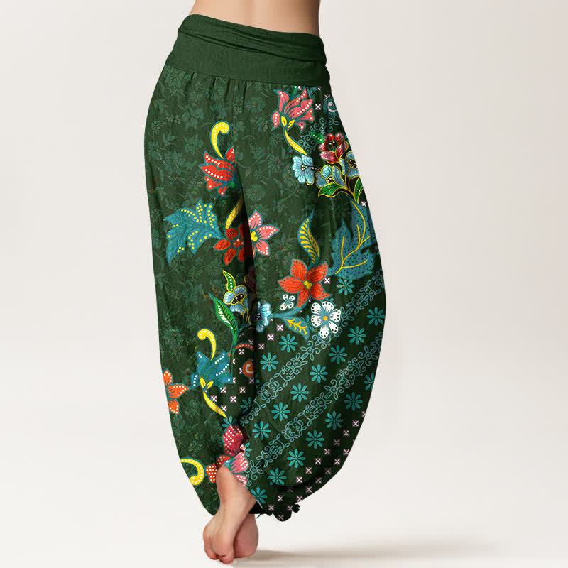 Buddha Stones Pure Cotton Bohemian Colorful Flower Pattern Women's Elastic Waist Harem Pants - image 1
