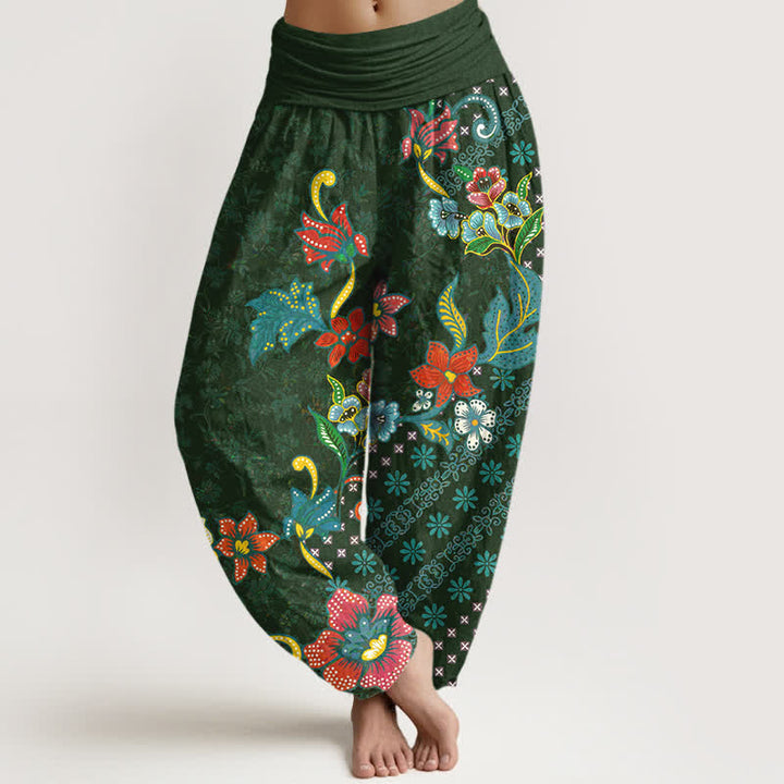 Buddha Stones Pure Cotton Bohemian Colorful Flower Pattern Women's Elastic Waist Harem Pants - ForestGreen - US16，UK/AU20，EU48 (3XL) - image 0