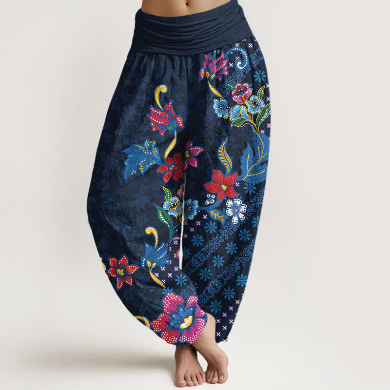 Buddha Stones Pure Cotton Bohemian Colorful Flower Pattern Women's Elastic Waist Harem Pants - Navy - US16，UK/AU20，EU48 (3XL) - image 5
