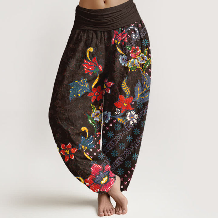 Buddha Stones Pure Cotton Bohemian Colorful Flower Pattern Women's Elastic Waist Harem Pants - SaddleBrown - US16，UK/AU20，EU48 (3XL) - image 8
