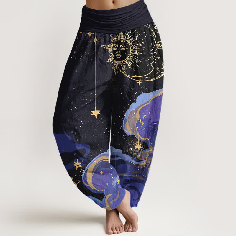 Buddha Stones Cotton Celestial Sun Moon & Star Wave Pattern Women's Elastic Waist Harem Pants - Black - US16，UK/AU20，EU48 (3XL) - image 0
