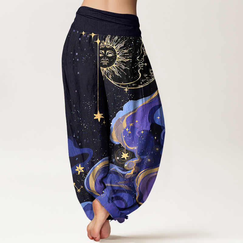 Buddha Stones Cotton Celestial Sun Moon & Star Wave Pattern Women's Elastic Waist Harem Pants - image 1