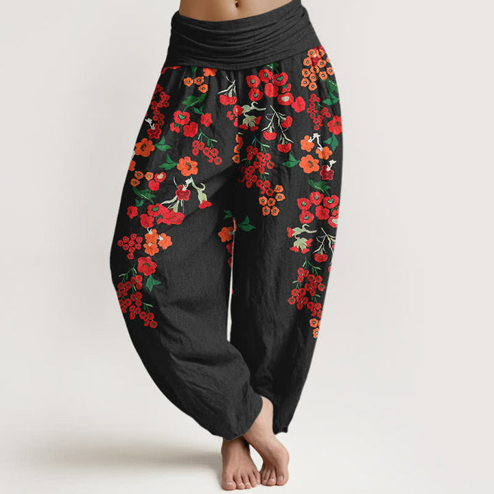 Buddha Stones Cotton Bohemian Red Floral Pattern Women's Elastic Waist Harem Pants - Black - US16，UK/AU20，EU48 (3XL) - image 0
