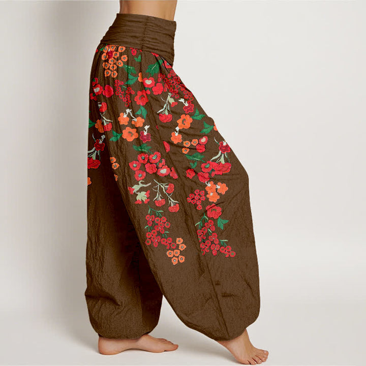 Buddha Stones Cotton Bohemian Red Floral Pattern Women's Elastic Waist Harem Pants - image 7