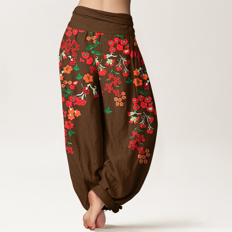Buddha Stones Cotton Bohemian Red Floral Pattern Women's Elastic Waist Harem Pants - image 6