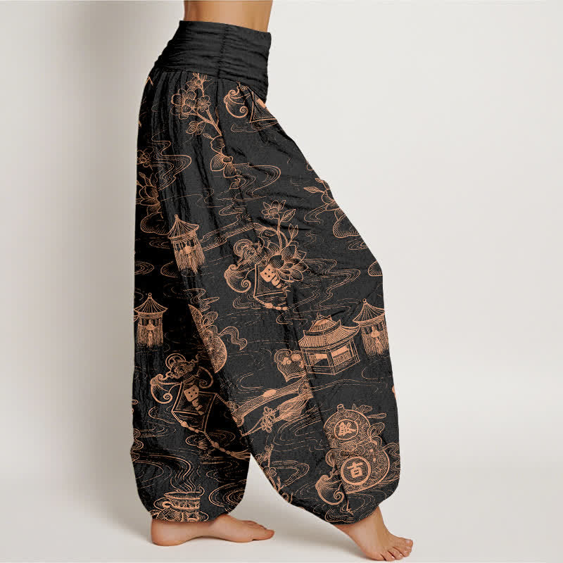 Buddha Stones Cotton Lotus Pavilion Gourd Pattern Women's Elastic Waist Harem Pants - image 2
