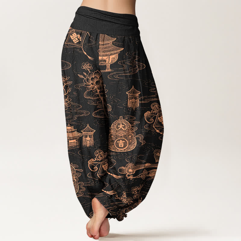 Buddha Stones Cotton Lotus Pavilion Gourd Pattern Women's Elastic Waist Harem Pants - image 1