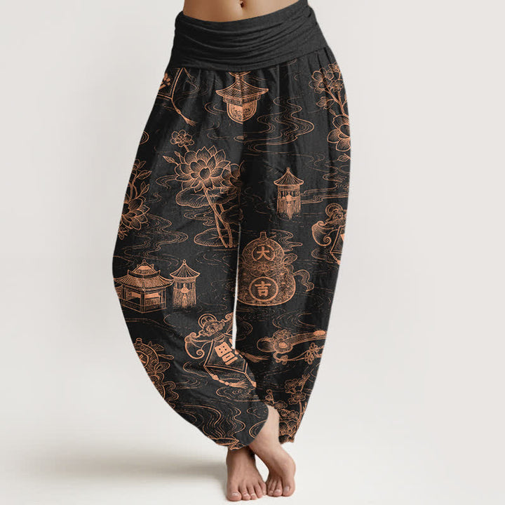 Buddha Stones Cotton Lotus Pavilion Gourd Pattern Women's Elastic Waist Harem Pants - Black - US16，UK/AU20，EU48 (3XL) - image 0