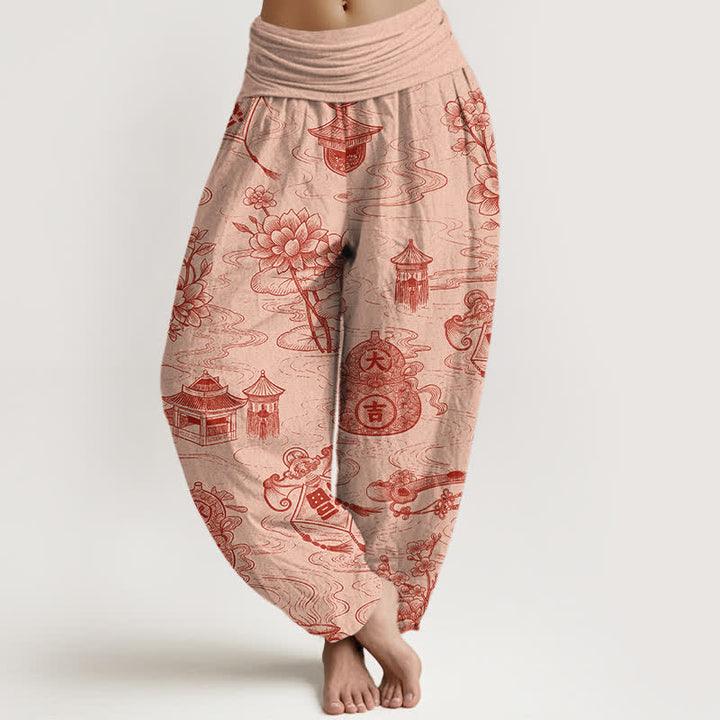 Buddha Stones Cotton Lotus Pavilion Gourd Pattern Women's Elastic Waist Harem Pants - PeachPuff - US16，UK/AU20，EU48 (3XL) - image 5