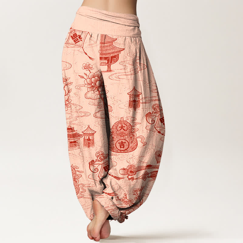 Buddha Stones Cotton Lotus Pavilion Gourd Pattern Women's Elastic Waist Harem Pants - image 6