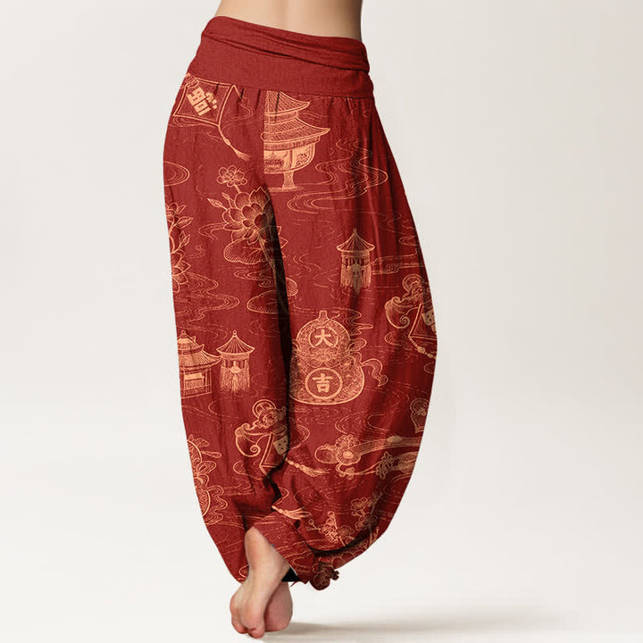 Buddha Stones Cotton Lotus Pavilion Gourd Pattern Women's Elastic Waist Harem Pants - image 9