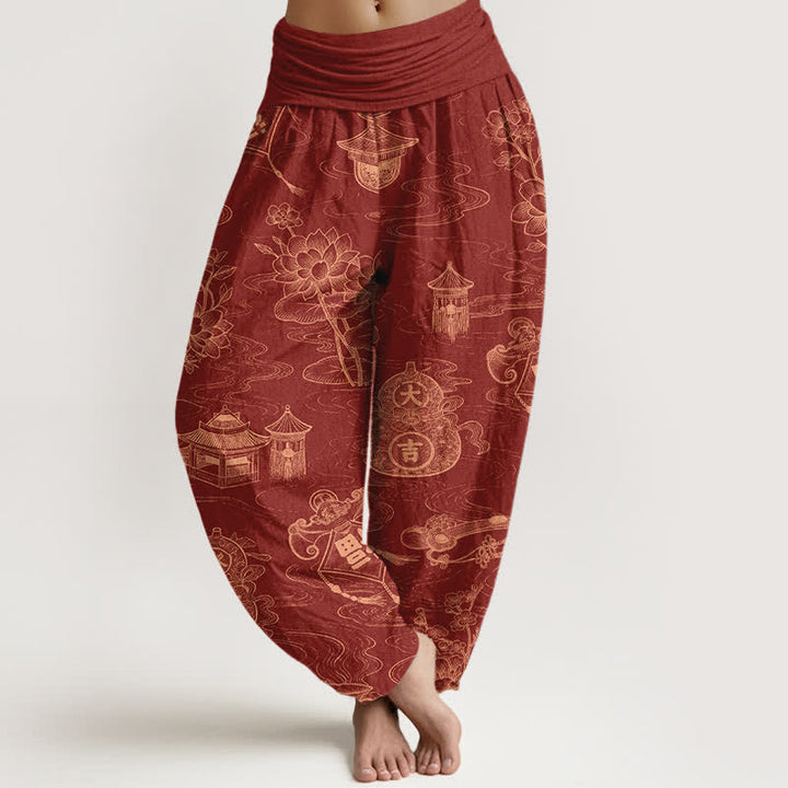 Buddha Stones Cotton Lotus Pavilion Gourd Pattern Women's Elastic Waist Harem Pants - FireBrick - US16，UK/AU20，EU48 (3XL) - image 8