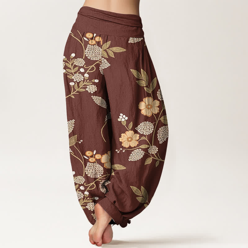 Buddha Stones Pure Cotton Vintage Floral Leaf Pattern Women's Elastic Waist Harem Pants - image 1