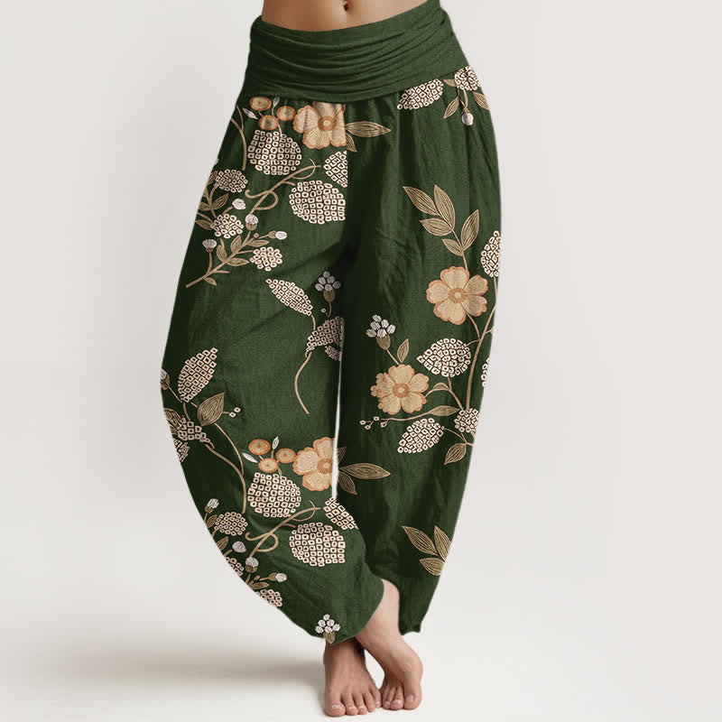 Buddha Stones Pure Cotton Vintage Floral Leaf Pattern Women's Elastic Waist Harem Pants - DarkOliveGreen - US16，UK/AU20，EU48 (3XL) - image 5