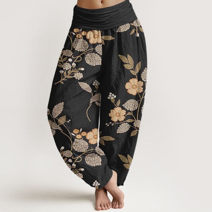 Buddha Stones Pure Cotton Vintage Floral Leaf Pattern Women's Elastic Waist Harem Pants - Black - US16，UK/AU20，EU48 (3XL) - image 8