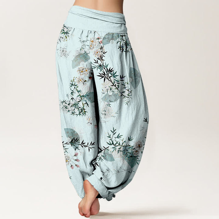 Buddha Stones Cotton Bamboo Blossom Fan Pattern Women's Elastic Waist Harem Pants - image 1