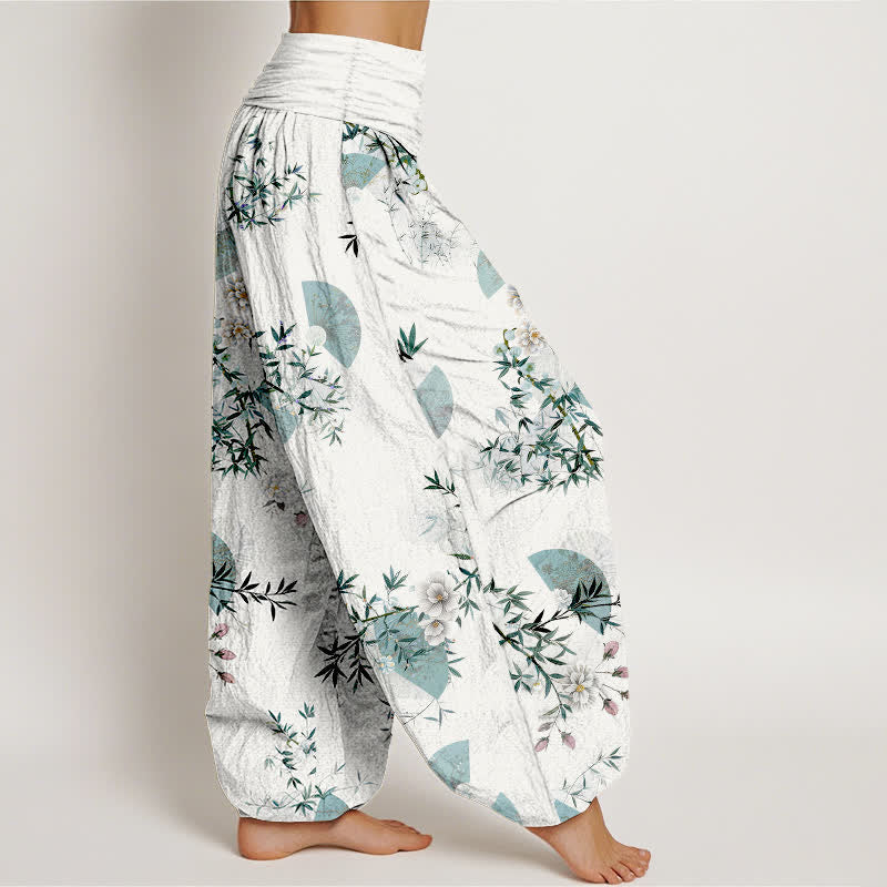 Buddha Stones Cotton Bamboo Blossom Fan Pattern Women's Elastic Waist Harem Pants - image 7