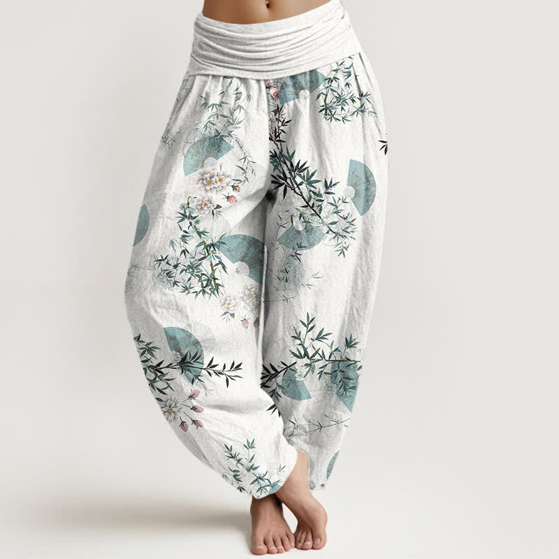Buddha Stones Cotton Bamboo Blossom Fan Pattern Women's Elastic Waist Harem Pants - White - US16，UK/AU20，EU48 (3XL) - image 5