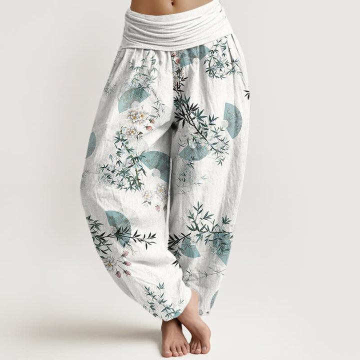 Buddha Stones Cotton Bamboo Blossom Fan Pattern Women's Elastic Waist Harem Pants - White - US16，UK/AU20，EU48 (3XL) - image 5