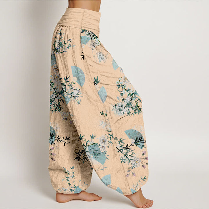 Buddha Stones Cotton Bamboo Blossom Fan Pattern Women's Elastic Waist Harem Pants - image 10
