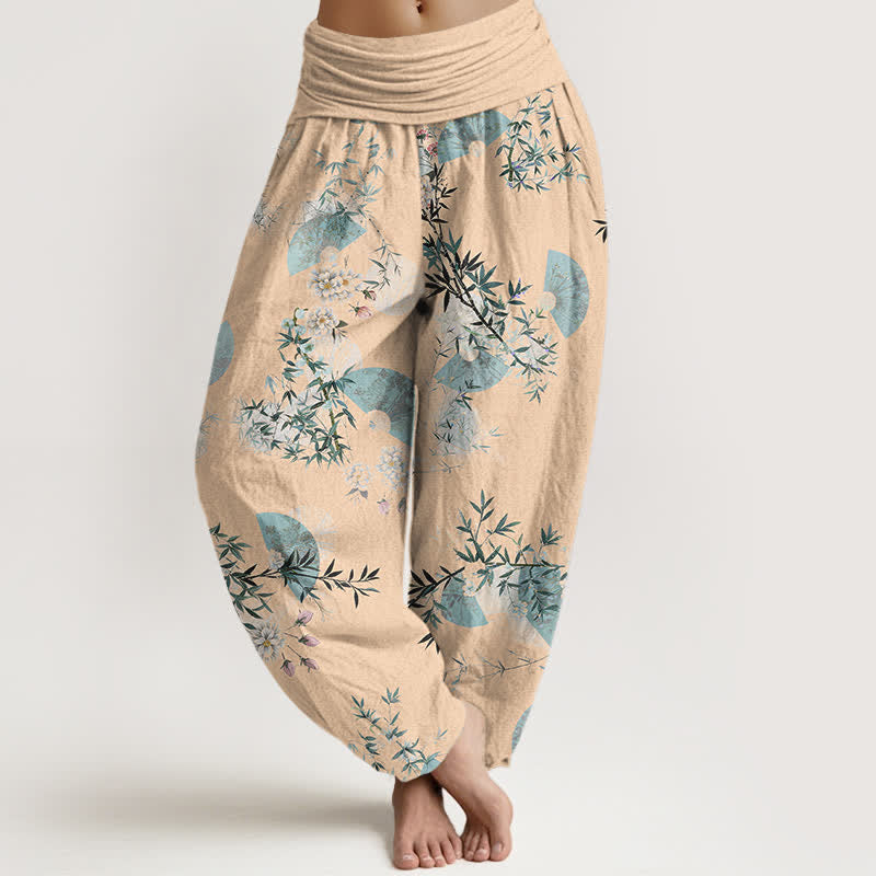 Buddha Stones Cotton Bamboo Blossom Fan Pattern Women's Elastic Waist Harem Pants - PeachPuff - US16，UK/AU20，EU48 (3XL) - image 8