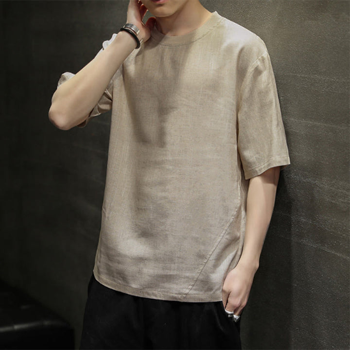 Buddha Stones Summer Casual Minimalist Solid Crew Neck Linen Men's Short Sleeve T-Shirts - image 4