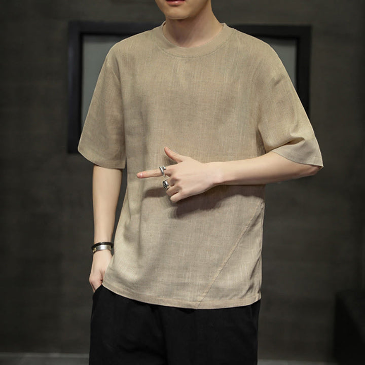 Buddha Stones Summer Casual Minimalist Solid Crew Neck Linen Men's Short Sleeve T-Shirts - image 3