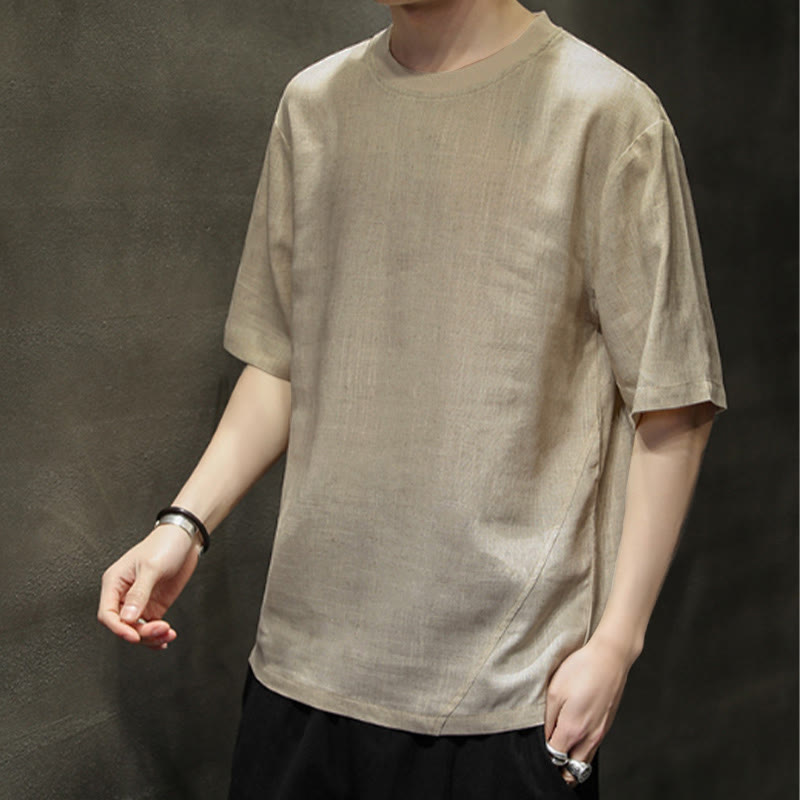 Buddha Stones Summer Casual Minimalist Solid Crew Neck Linen Men's Short Sleeve T-Shirts - image 5
