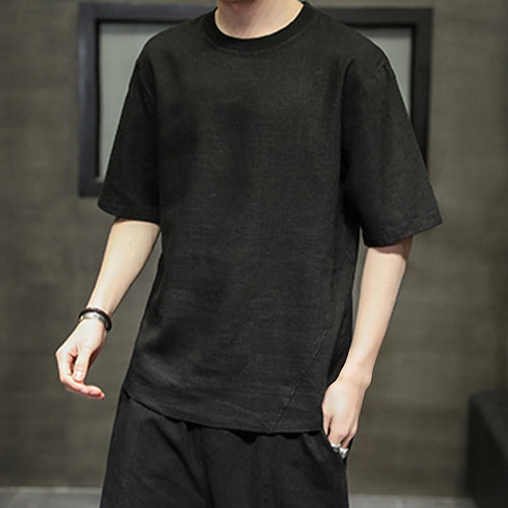 Buddha Stones Summer Casual Minimalist Solid Crew Neck Linen Men's Short Sleeve T-Shirts - image 9