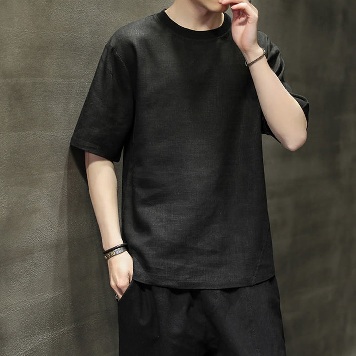 Buddha Stones Summer Casual Minimalist Solid Crew Neck Linen Men's Short Sleeve T-Shirts - image 11
