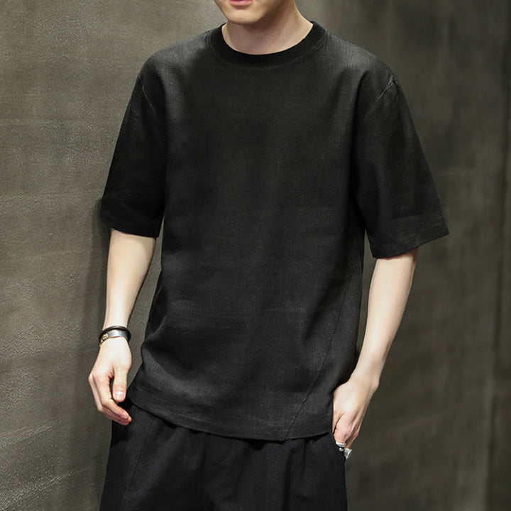 Buddha Stones Summer Casual Minimalist Solid Crew Neck Linen Men's Short Sleeve T-Shirts - image 14
