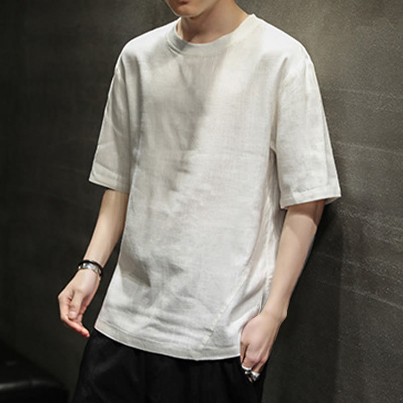 Buddha Stones Summer Casual Minimalist Solid Crew Neck Linen Men's Short Sleeve T-Shirts - image 18
